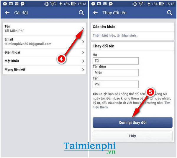 doi ten facebook tren dien thoai di dong