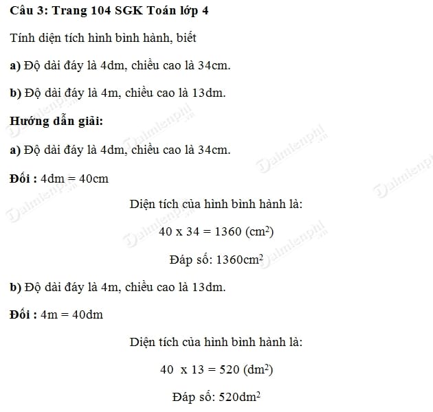 giai toan lop 4 dien tich hinh binh hanh