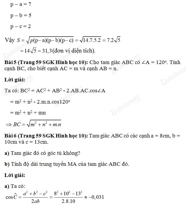 giai toan lop 10 cac he thuc luong trong tam giac va giai tam giac