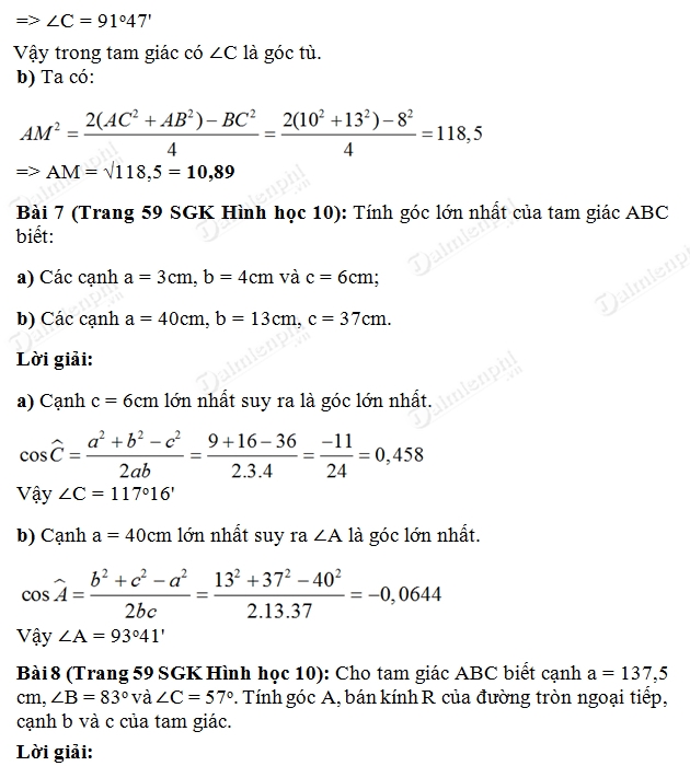 giai toan lop 10 cac he thuc luong trong tam giac va giai tam giac