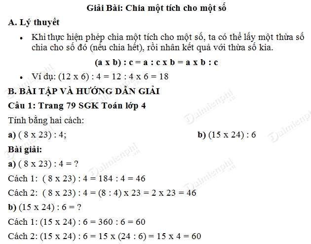 giai toan lop 4 chia mot tich cho mot so