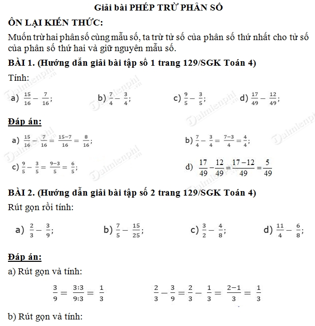 giai bai phep tru phan so toan 4 trang 129 sgk
