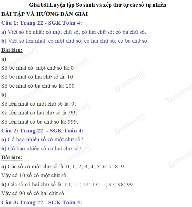 giai toan 4 trang 22 sgk luyen tap so sanh va xep thu tu so tu nhien