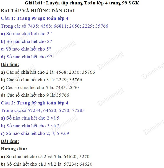 giai toan 4 trang 99 sgk luyen tap chung