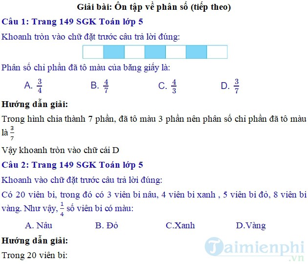 giai bai tap toan 5 trang 149 150 sgk on tap ve phan so tiep theo