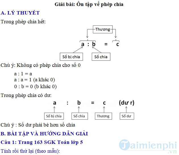 giai bai tap toan 5 trang 163 164 sgk on tap phep chia