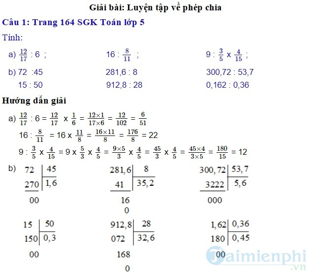 giai bai tap toan 5 trang 164 165 sgk luyen tap phep chia