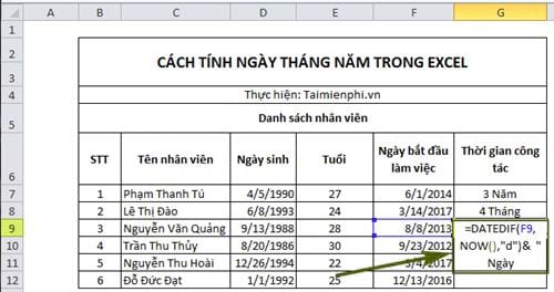 cach tinh ngay thang nam trong excel 8