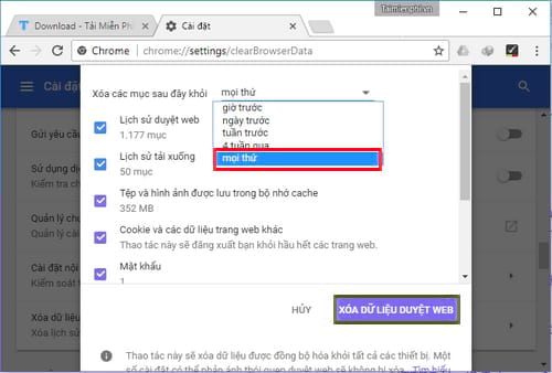 xoa du lieu duyet web tren chrome