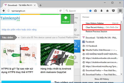 xoa du lieu duyet web tren firefox