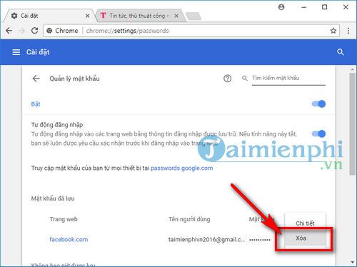 cach xoa mat khau facebook luu tren chrome, coc coc