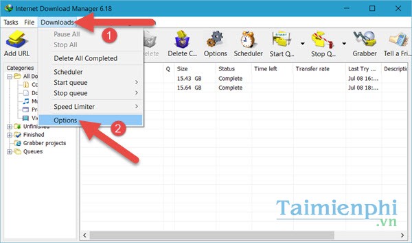 Chọn Downloads -> Option