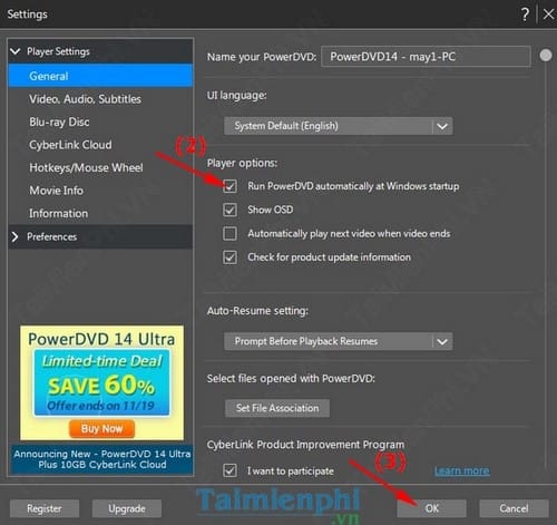 CyberLink PowerDVD - Chạy ứng dụng khi khởi động Windows