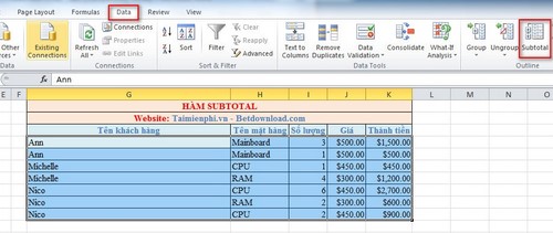 Excel - Hàm SUBTOTAL, hàm tính toán cho một nhóm trong danh sách