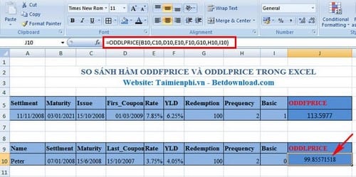 So sánh hàm ODDFPRICE và ODDLPRICE trong Excel