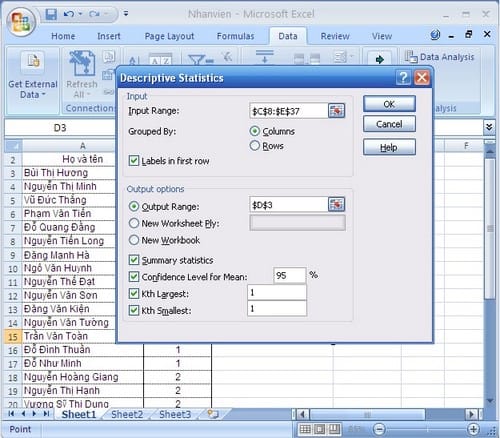 Cách tạo bảng thống kê mô tả số liệu trong Excel 3