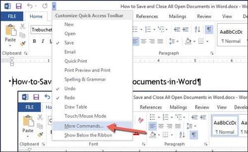 Hiển thị công cụ Save và Close All trong Word 2007, 2010, 2013 và 2016