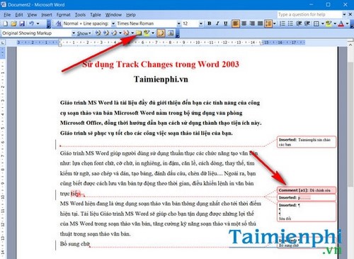 cach bat chuc nang track changes trong word 2003