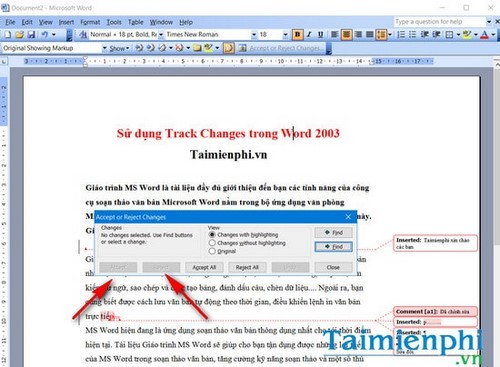 bat tat track changes trong word 2003
