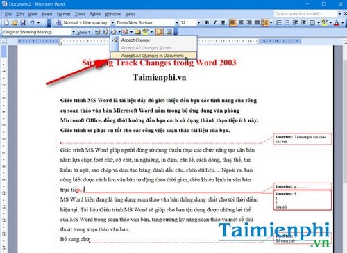 kich hoat chuc nang track changes trong word 2003