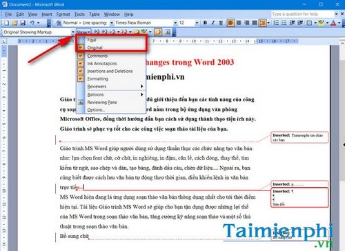 cach kich hoat track changes trong word 2003