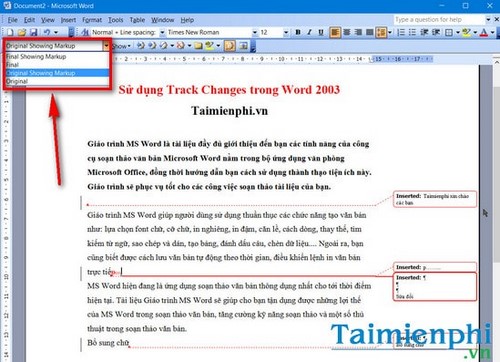 cach bat track changes trong word 2003