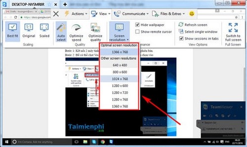 Chọn kích thước cửa sổ Teamviewer