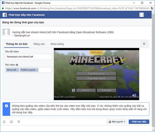 Cách phát trực tiếp game MineCraft trên Facebook