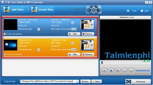 Đổi video sang Mp3 bằng E.M. Free Video to MP3 Converter