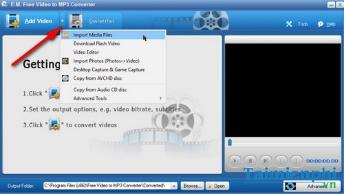 Đổi video sang Mp3 bằng E.M. Free Video to MP3 Converter