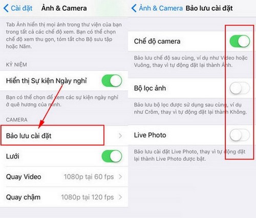 Lưu cài đặt camera, thiết lập tùy chọn camera trên iPhone iOS 10.2