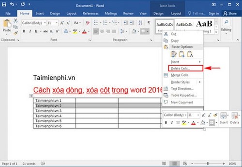 Cách xóa dòng, xóa cột trong word 2016