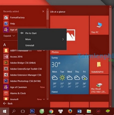 Gỡ bỏ các ứng dụng mặc định trên Start Menu Windows 10
