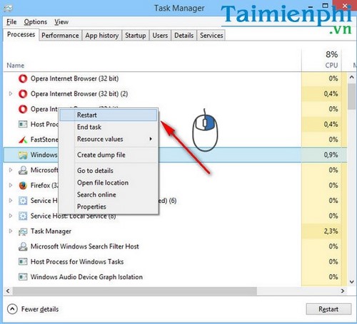 Cách khởi động lại Windows Explorer trên Windows 8, 8.1 khi bị treo