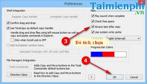 Tắt tự động kiểm tra dữ liệu sau khi sao chép trên TeraCopy