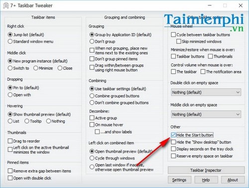 Ẩn nút Start trên thanh Taskbar của Windows 10 bằng 7+ Taskbar Tweaker
