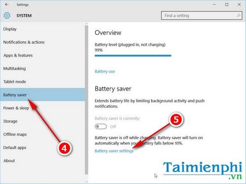 Thiết lập mức pin chuyển sang chế độ Battery Saver trên Windows 10
