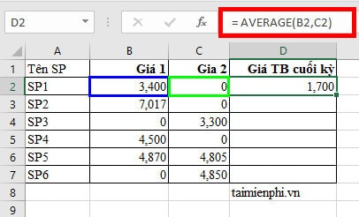 Tính giá trị trung bình cho 2 cột trong Excel