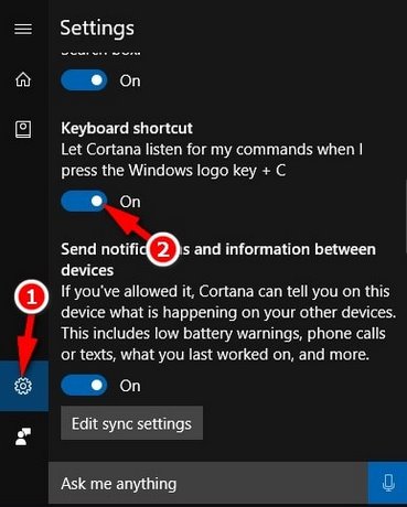 Bật phím tắt Cortana nghe lệnh giọng nói trên Windows 10