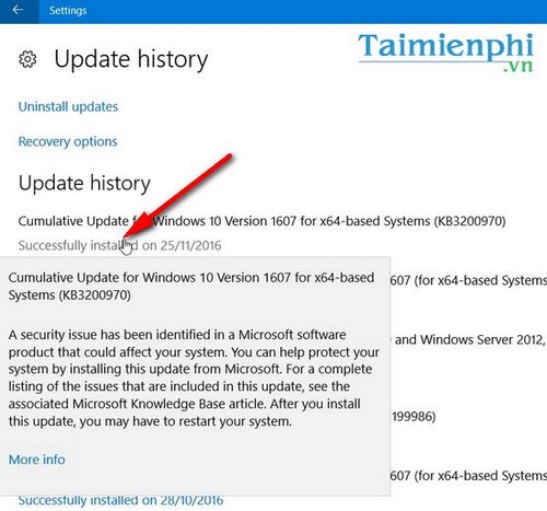 Tìm lịch sử Update trong Windows 10