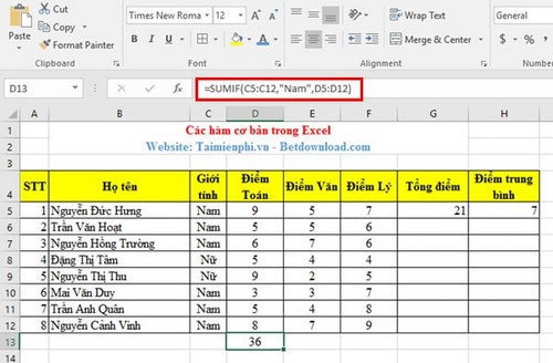 ham sumif ham co ban trong excel