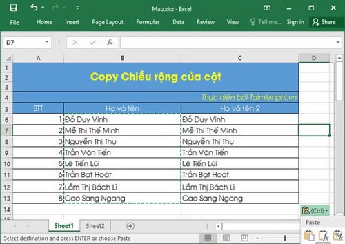 su dung paste trong excel