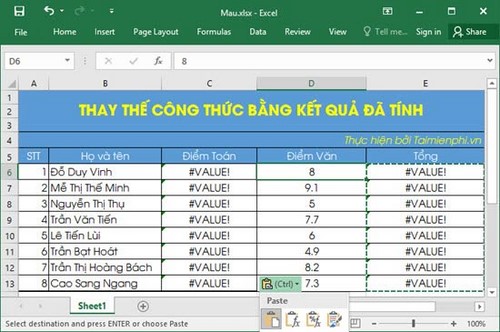 su dung paste trong excel