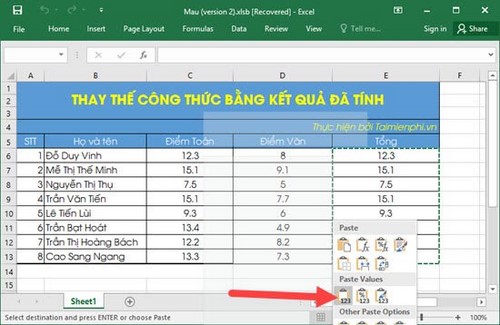 su dung paste trong excel