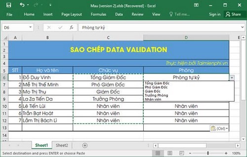 su dung paste trong excel