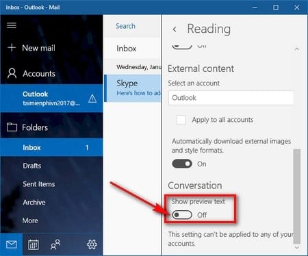 Vô hiệu hóa tính năng xem trước nội dung mail trên Windows 10