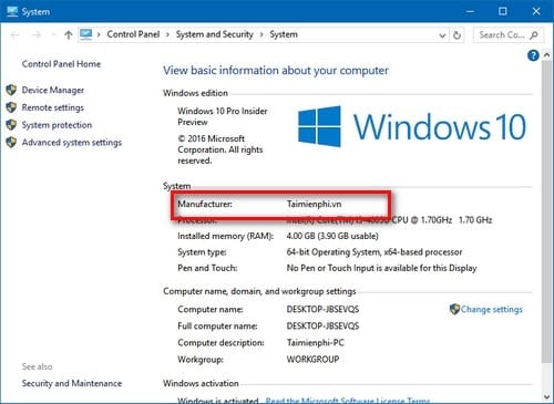 Hướng dẫn tùy chỉnh thông tin nhà sản xuất Windows trên máy tính, laptop