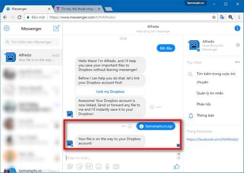 Tải file trực tiếp từ Facebook Messenger lên Dropbox trên máy tính
