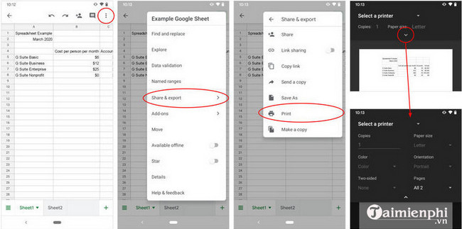 chon vung in tren google sheets