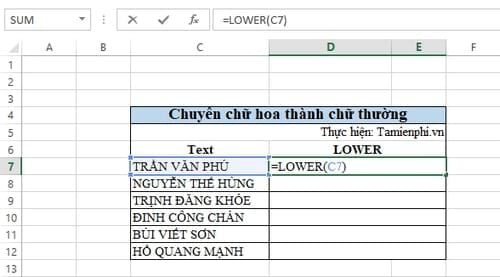 Cách đổi chữ hoa sang chữ thường trong Excel